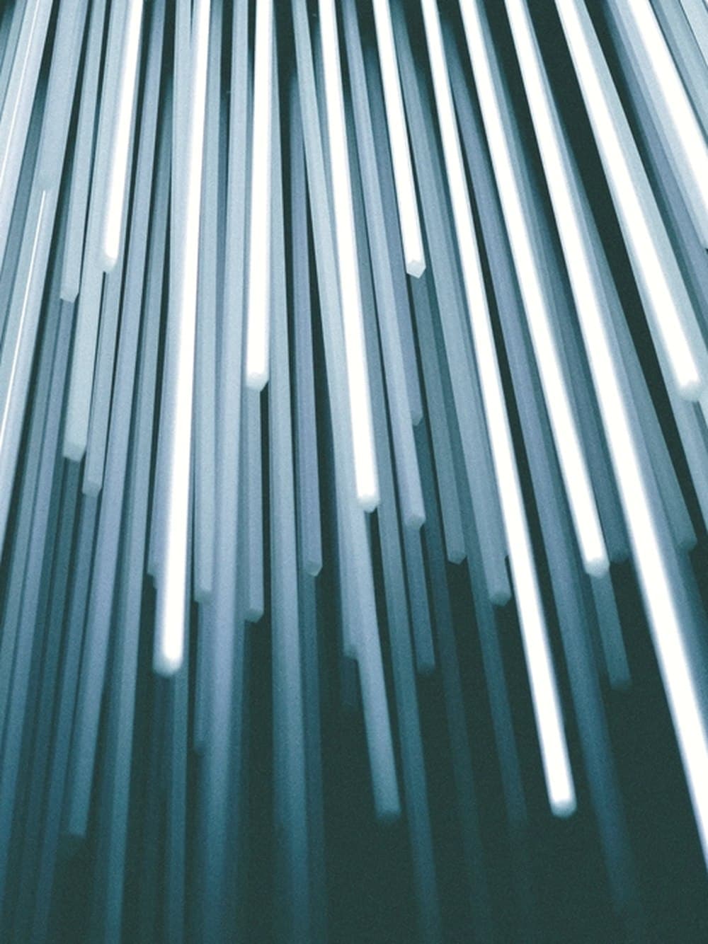 Illuminated optical fibre strands against a dark background.