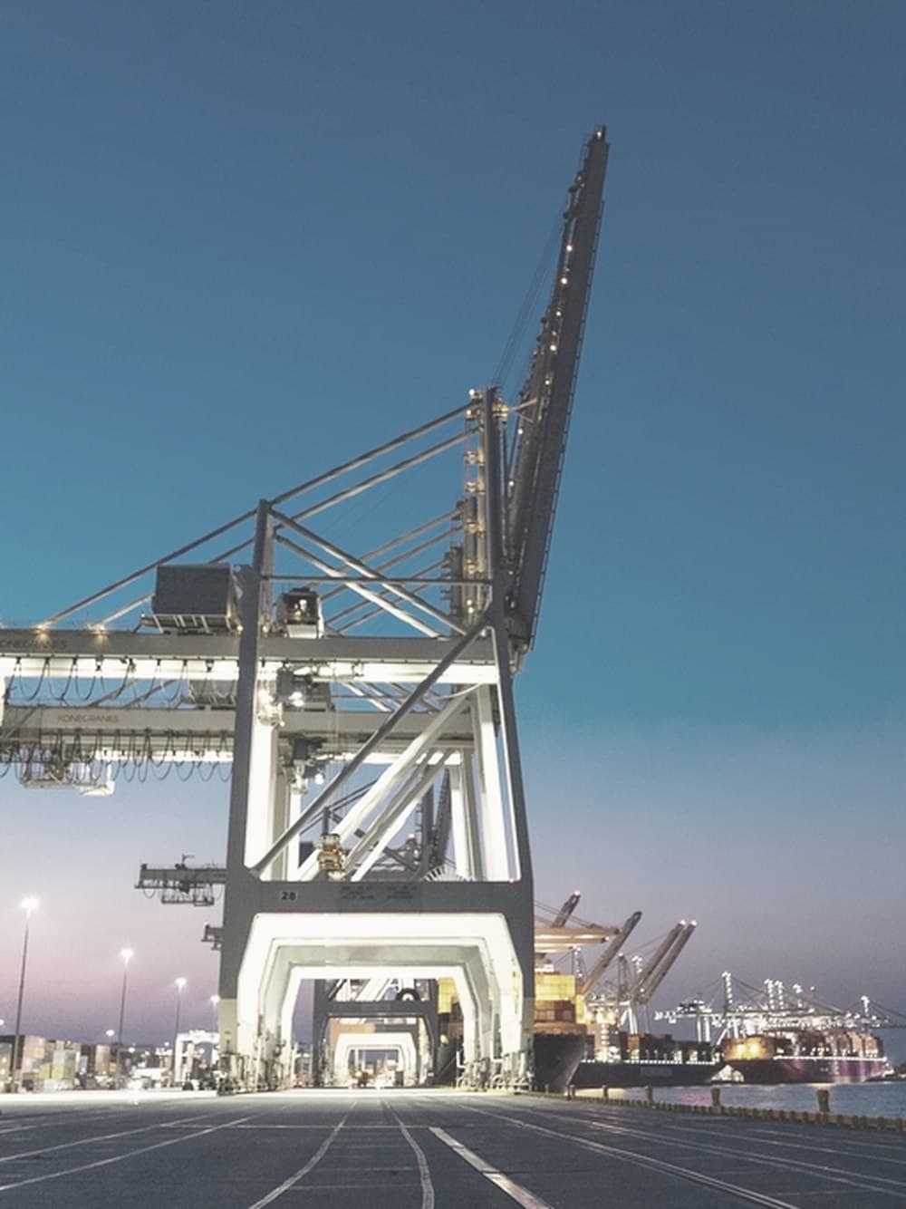 Quay cranes over a port apron at dusk.